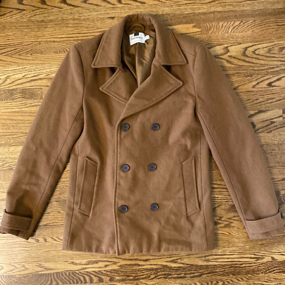 Topman Brown Peacoat Size Small Fits Slim and in Very Good Condition.